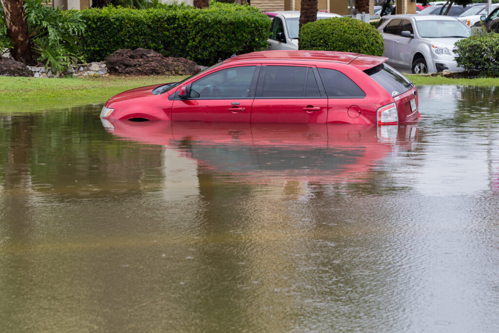 Car submerged in flood water