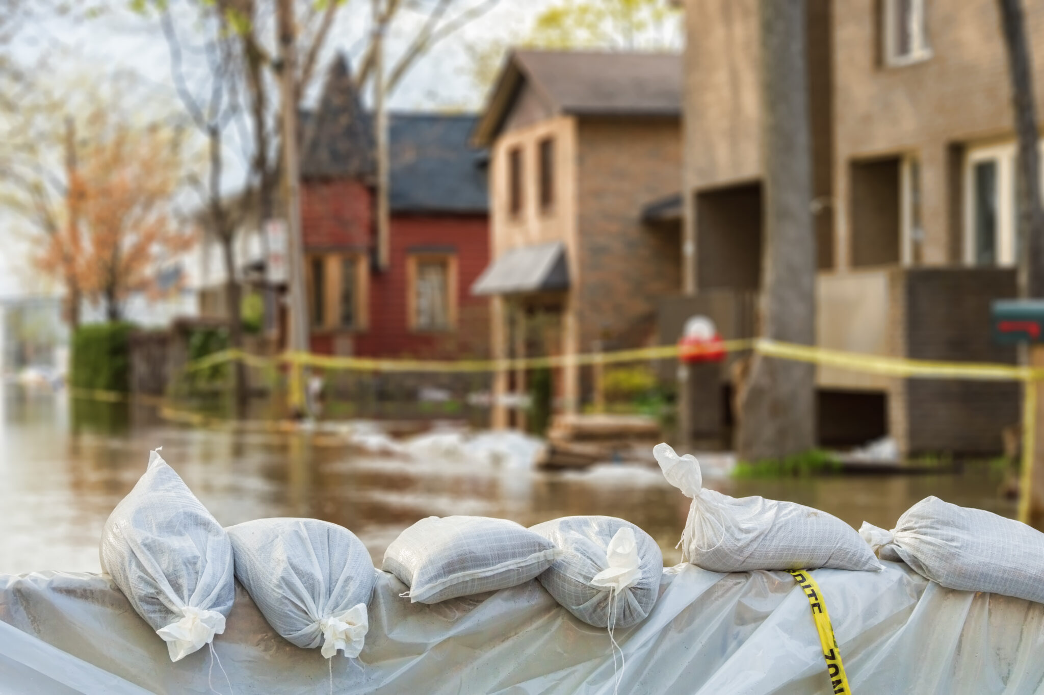 Close shot of flood protection sandbags with flooded homes in background.